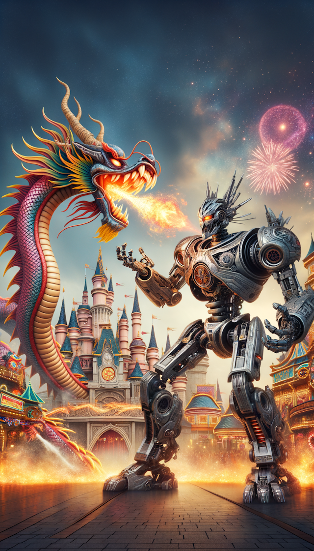 transformer fighting vs china dragon in disney land