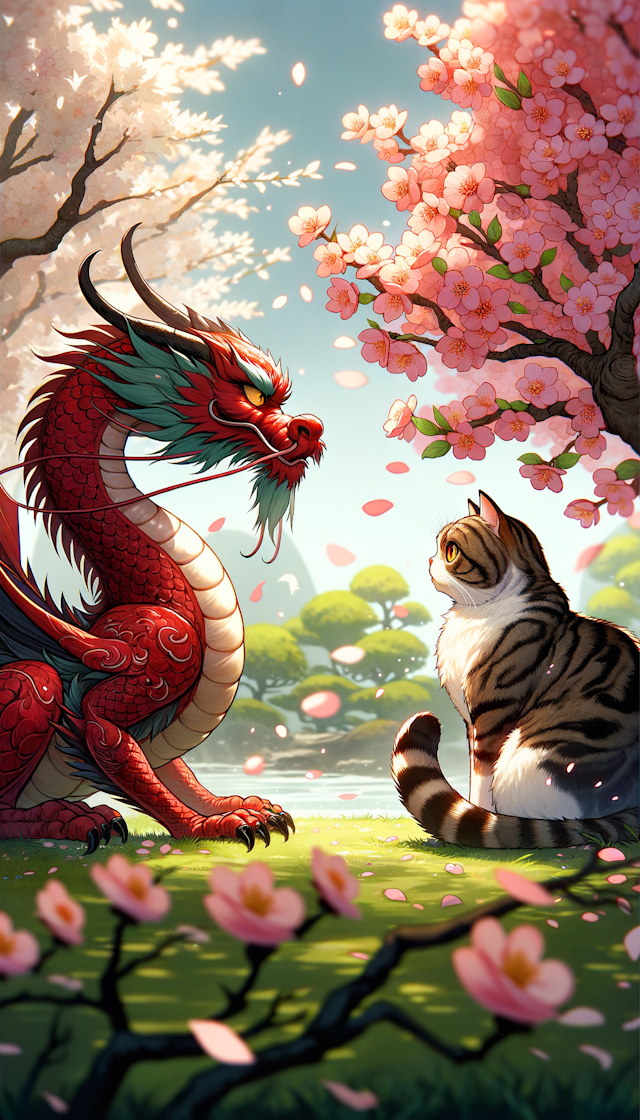 春天，红色中国龙，英短猫，龙和猫对望，动漫风