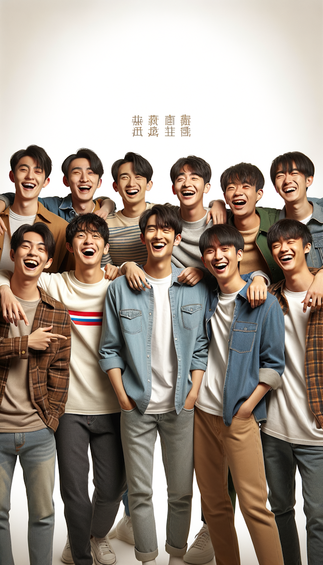 8个开心的中国青年 是好兄弟 有高有矮 有胖有瘦 站在一起