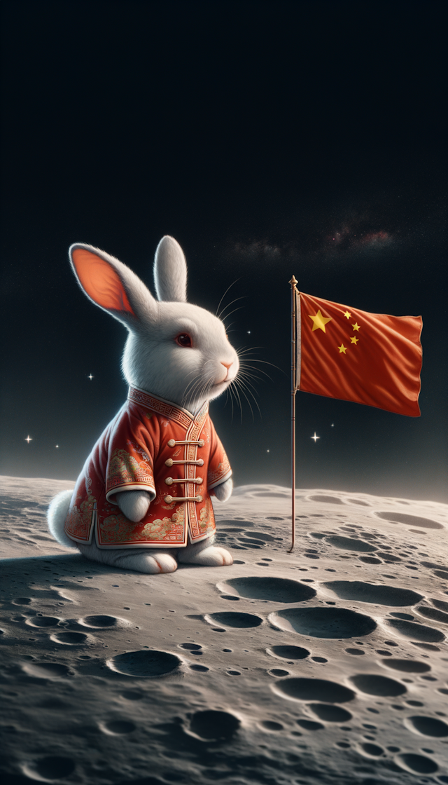 一只穿着汉服的兔子在月球上巡视，配上中国五星红旗