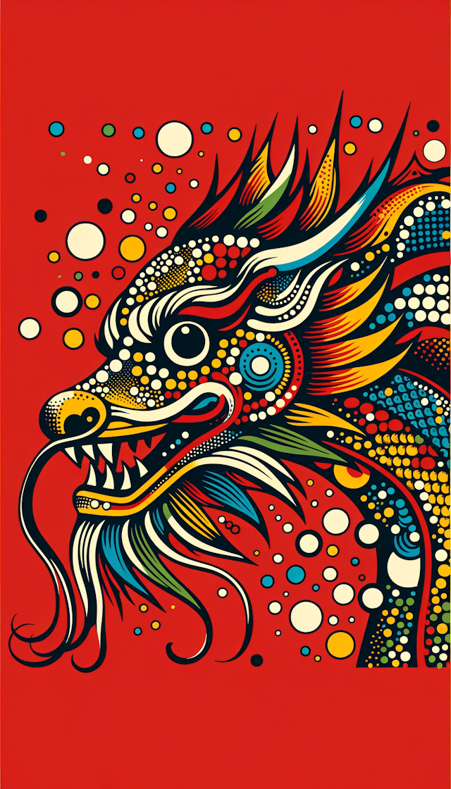 risograph,Chinese dragon painted by Maud Lewis.very cute Chinese dragon, Head close-up,n, abstractsimple lines, illustration,Picasso, Multi-color,advanced color matching, red background 