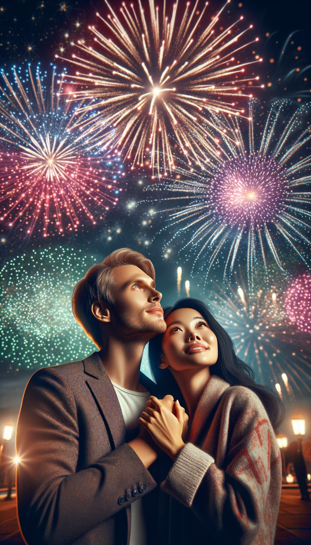 una pareja enamorada contemplando los fuegos artificiales