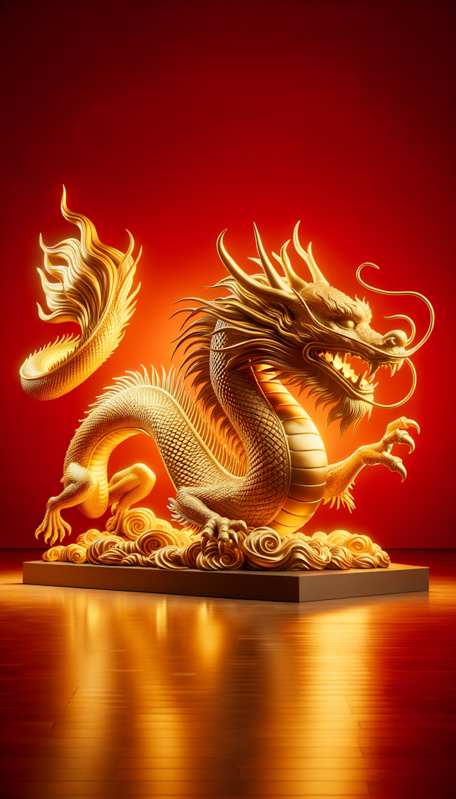 3d, golden dragon, cute, red background, dream,refined