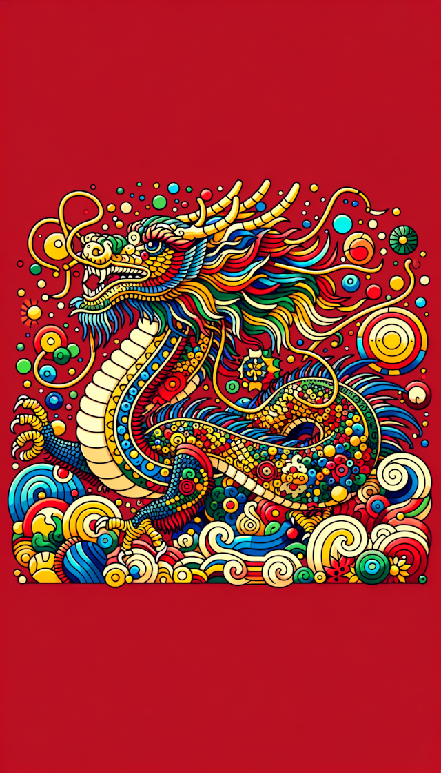 a colorful cute traditional Chinese dragon, colorfulshapes, gold outline, MBE illustration, flat cartonsMemphis color scheme, sharpie illustration, red ground