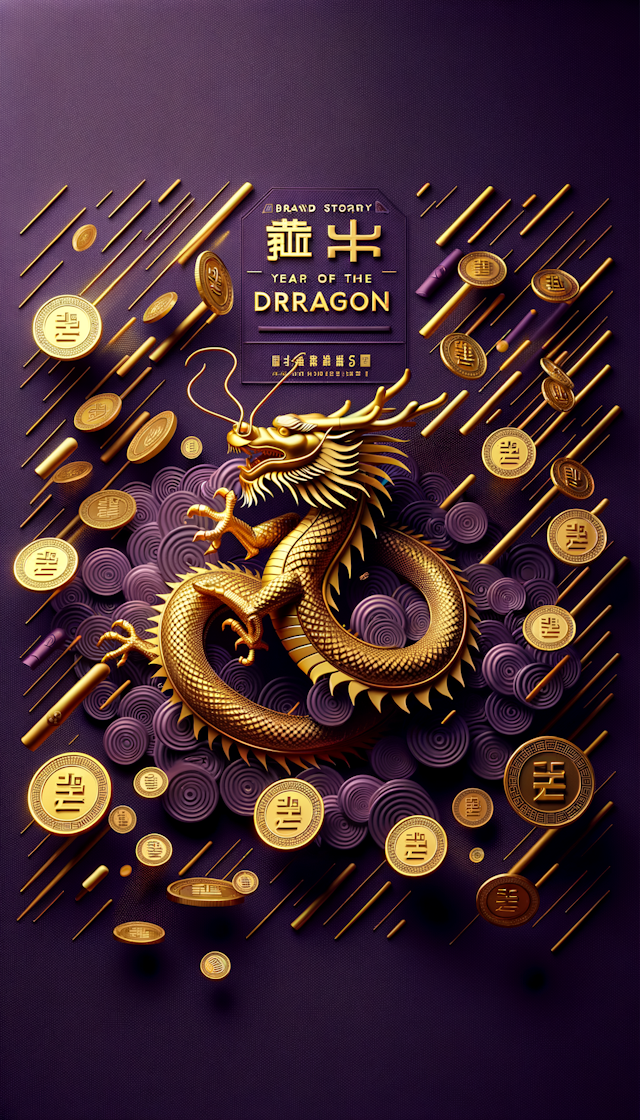 中国风格的龙年海报，背景是如雨点般落下的金币，中间是一条中国龙，整体采用 3D 立体效果，以紫色和金色为主色调，洋溢着浓浓的节日气氛，核心立意是紫气东来，龙行西欧
