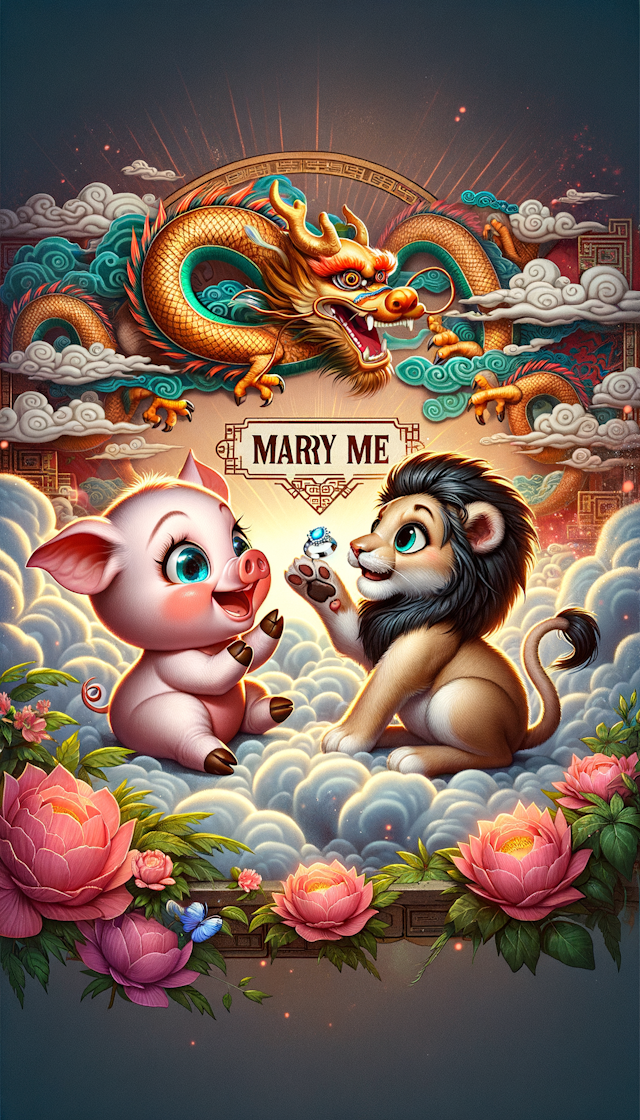 一只可爱的小猪向一只可爱的小母狮子求婚，背景是中国龙，中间有一行字，marry me