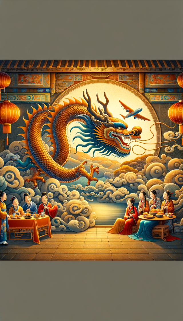Celebratory Red and Family Gathering Theme, Incorporating Chinese Dragon and Symbolic Plane Design, Emphasis on Xiqing and New Year Festivities, Rich in Chinese Cultural Elements, Featuring Soft and Warm Color Schemes, Dynamic and Vivid Illustrations, Minimalistic Approach to Colorful Murals