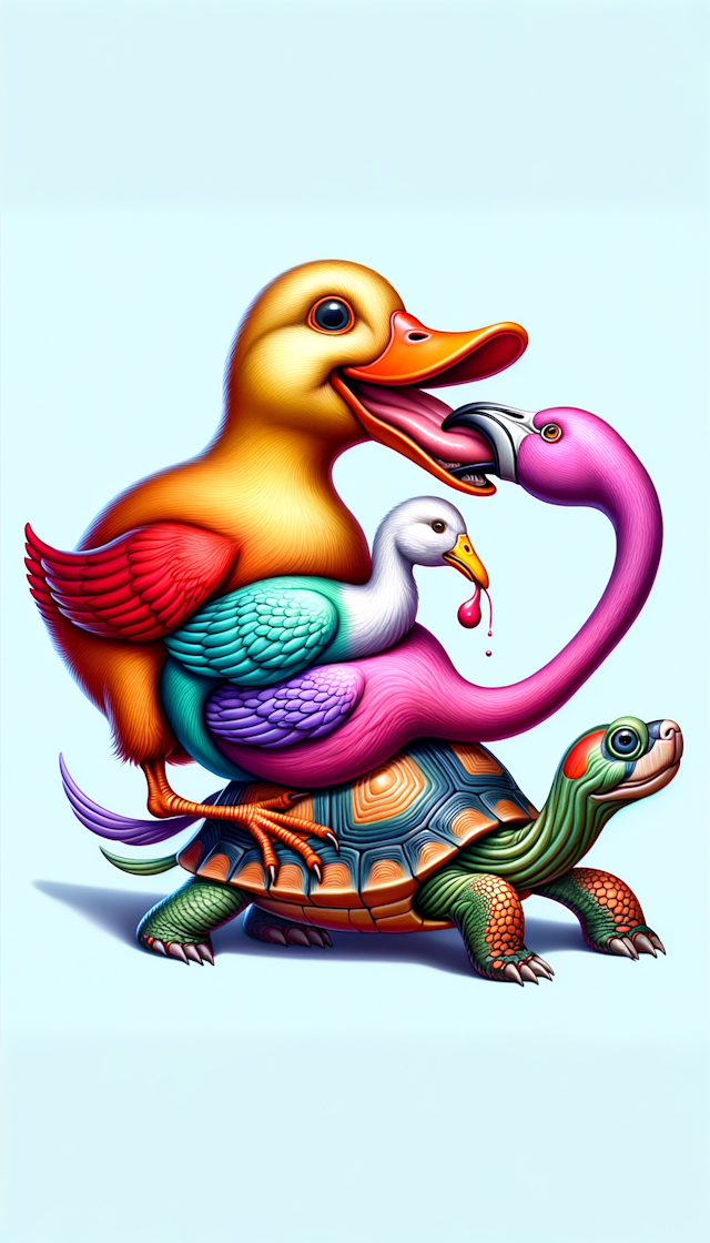 duck that is eating chicken that is eating flamingo that is eating turtle in closed loop