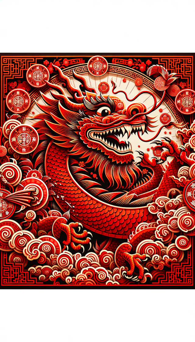 "Chinese dragon is laughing, Chinesepaper-cut, festive,red themealong with flying discs