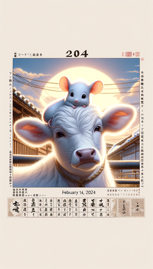 日式卡通风格插画,,皮克斯,2024年的2月14日,一只白色的小老鼠在一头可爱的白色小乳牛的头上,一起眺望远方...在一个风和日历的上午的日本农场上....上面有吉祥如意,百年好合的字样