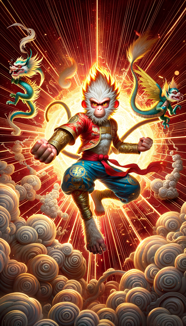 Sun Wukong in the Dragon Ball, the background is red, and the cute little Chinese dragon is beside it