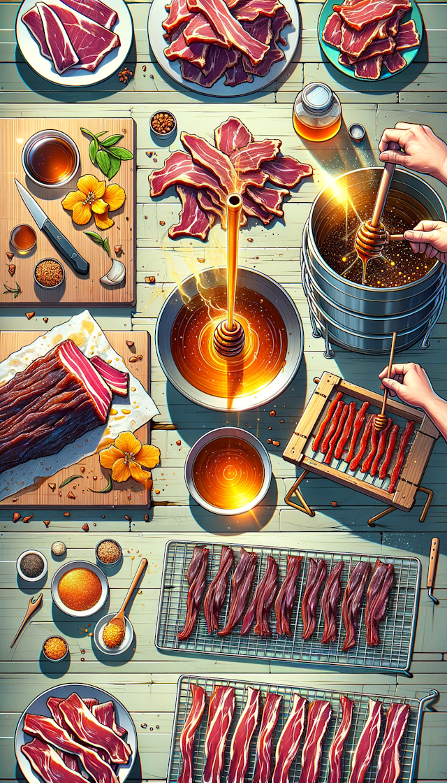 Delicious honey-glazed jerky, the cooking process.