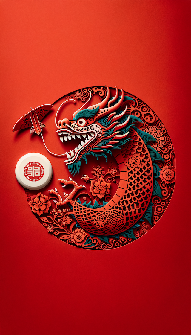 "Chinese dragon is laughing, Chinesepaper-cut, festive,red theme along with ultimate frisbee