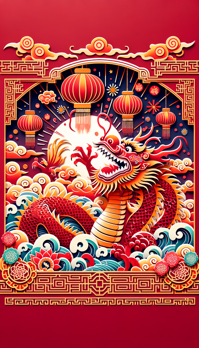 Chinese dragon is laughing, Spring Festival, Chinesepaper-cut, festive, red theme