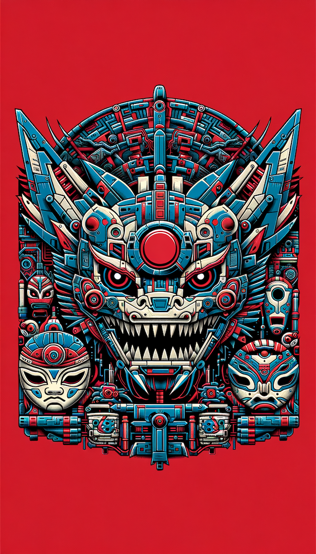 a poster for red envelope cover of the MechanicalGreymon, in the style of digimon anime, detailed facial features, dark sky-blue and festive red,  architecture, funk art, masks and totems