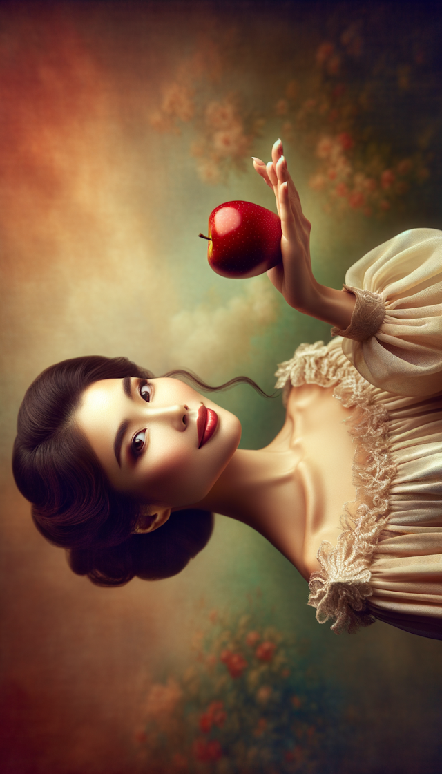 一位美女拿了一个红苹果