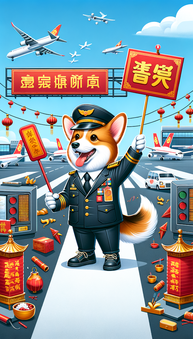 air traffic controller corgi saying happy Chinese new year