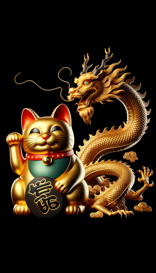 big sitting happy maneki neko with waving left hand circled by a golden dragon 