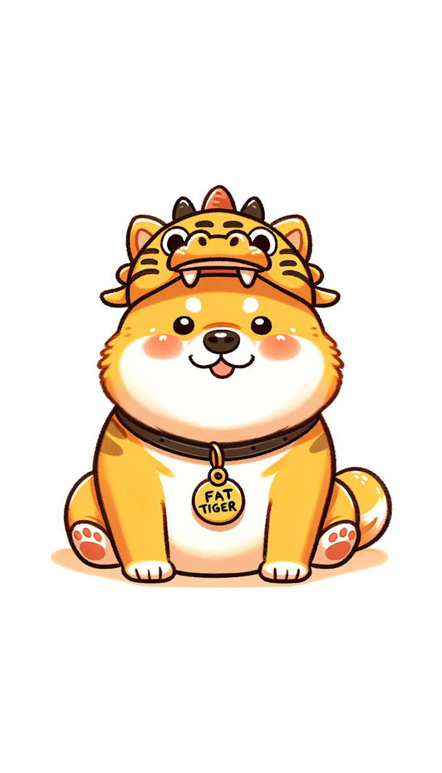 可爱黄色柴犬，柴犬胸前有铭牌，铭牌上写着“胖虎”，憨憨的笑容，戴着龙头帽子