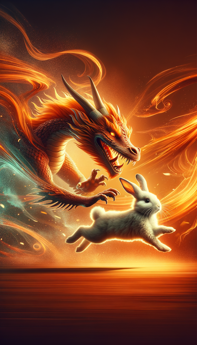 A prancing dragon with a little bunny sitting on its tail.
