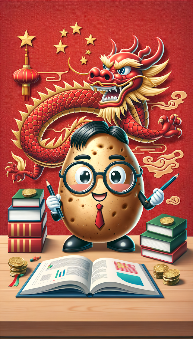 画面主体是一个可爱的土豆戴着眼镜做经济学研究，背景上方要有中国特色的红色龙，背景要有热闹中国年气氛