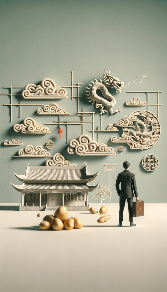 一个经济学家，少量土豆，中国龙年，祥云，中式建筑，画面简洁