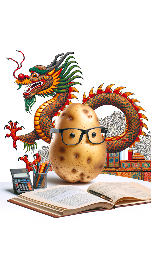 一个干净且帅气的土豆戴着眼镜做经济学的相关研究，背景要有一条宏伟壮丽的中国龙