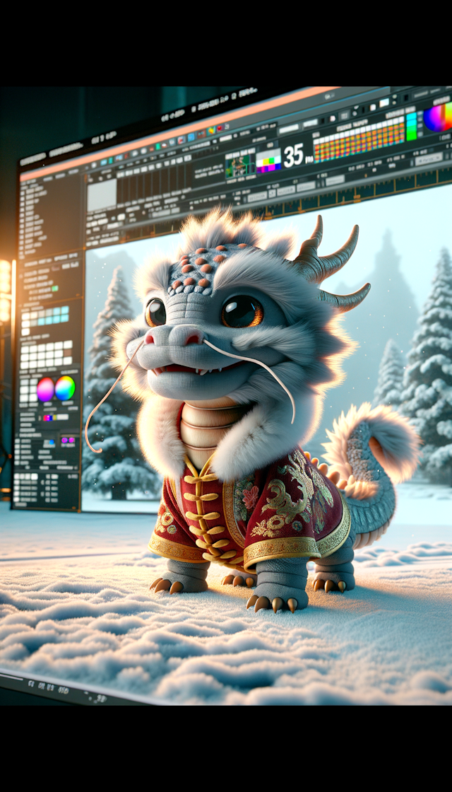Full body 3d artwork of a little Chinese dragon in a Chinese New Year greetings clothing fur coat standing in the snow,in the style of kawacy, yanjun cheng, steve henderson,shilin huang,playful character designs,chinese cultural themes, movie scene,studio light , The focal length of the background is 35mm f1.4,C4D,blender,octane rendering,high details,8k