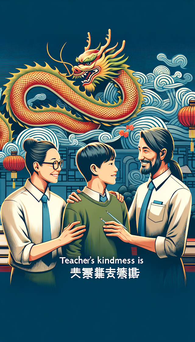 背景是中国龙，两个老师，一男一女，都是现代亚洲人，还有一个男学生，也是现代亚洲人，最下方有一行字，Teacher's kindness is unforgettable