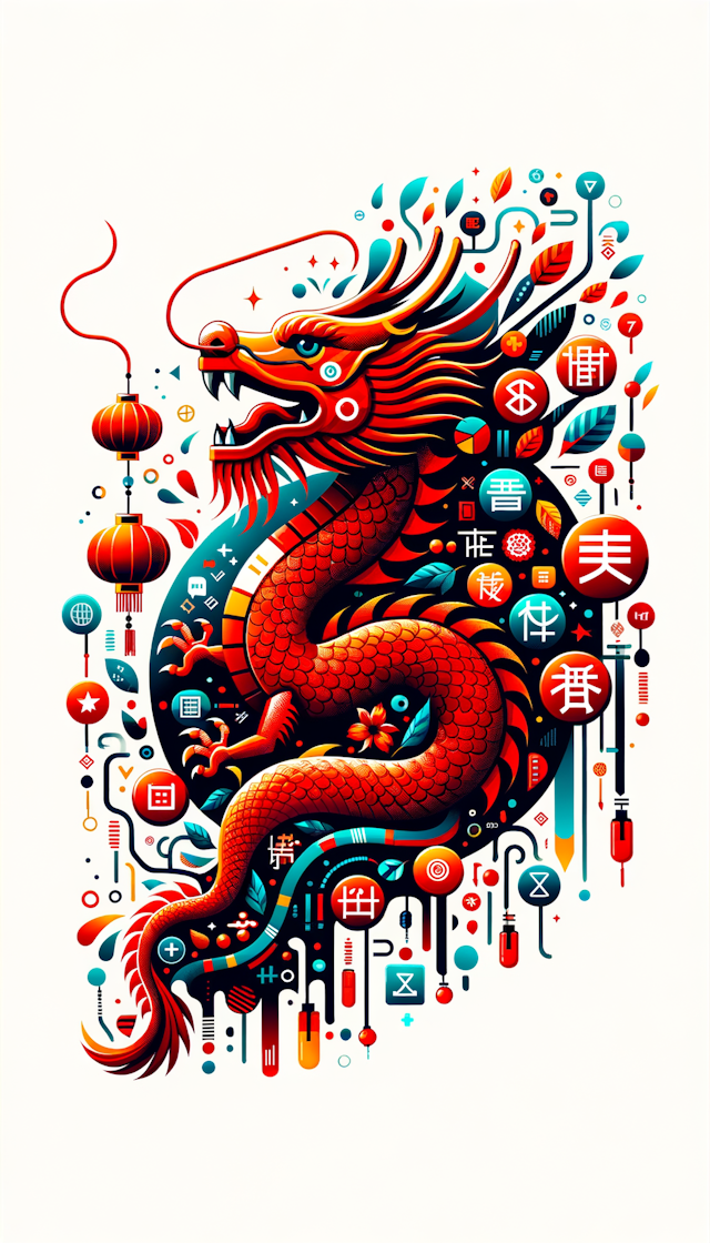 翻译行业，一条红色的中国龙，相互融合，预示着红红火火
