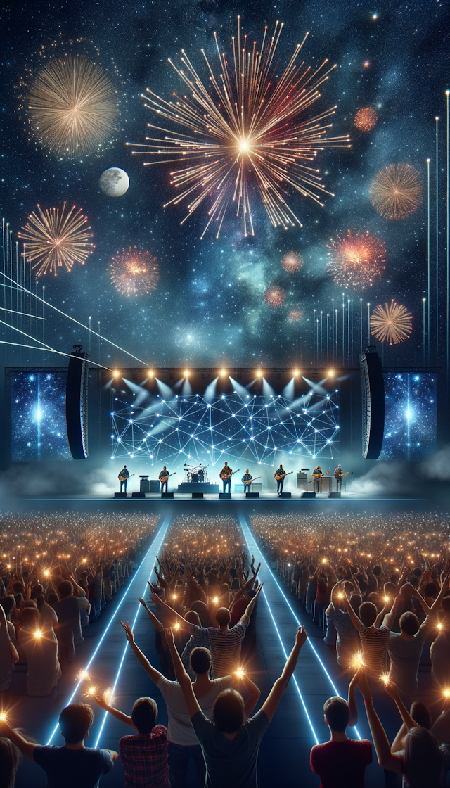 酷玩乐队在演唱会现场，背景满天繁星，烟花，观众也组成星光