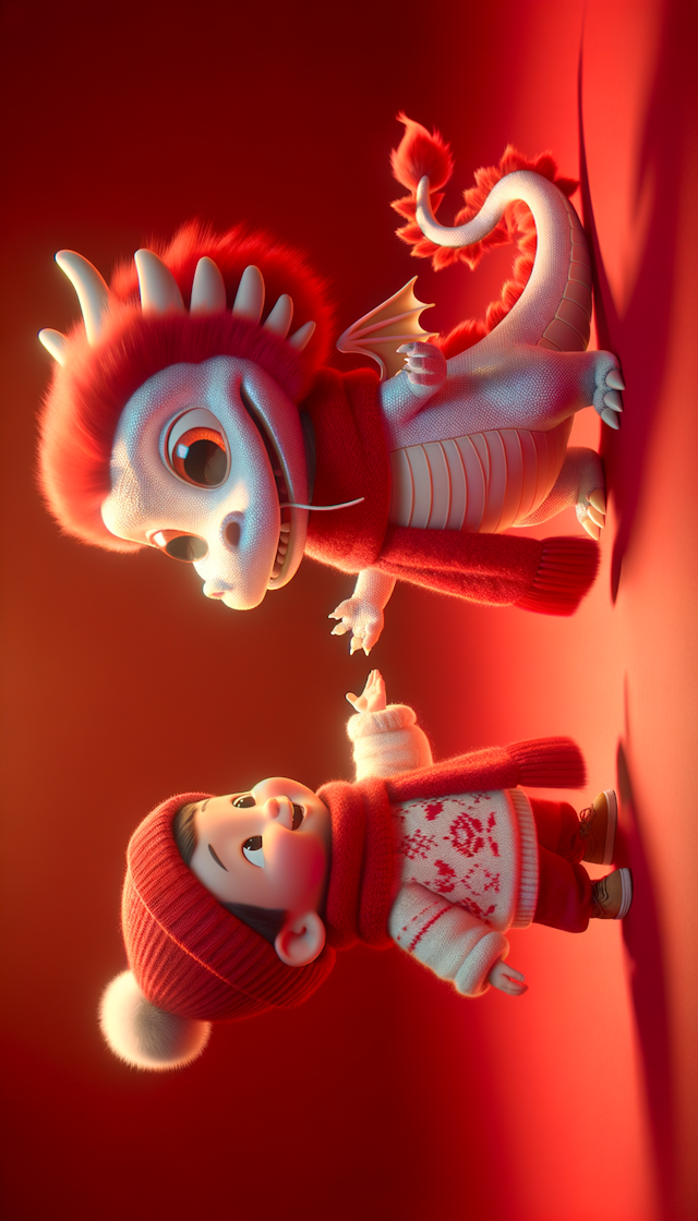 A cute humanized red Chinese dragon baby and a little Chinese boy, Pure Chinese red background,Pixar style, both wearing human white sweaters with a big red wool scarf tied around their neck, doing the same congratulatory gesture, big red background, very festive, Chinese elements, welcoming the New Year, 32k