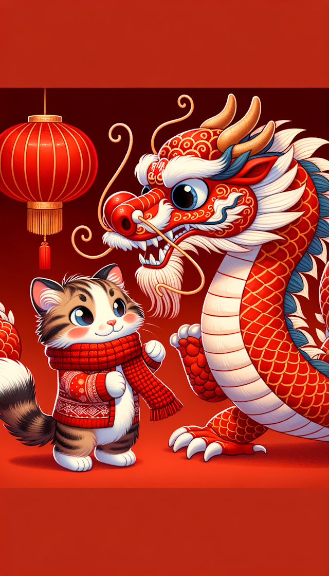 A cute humanized kitten holding a cute humanized big red Chinese dragon looking at each other, both wearing red sweaters, a big red wool scarf tied around the neck, a big red background, a big red lantern, very festive, Chinese elements, to welcome the New Year