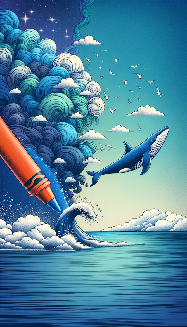 crayon, sketch, whale, fly into the air, sea, clouds, blue, graphic design
