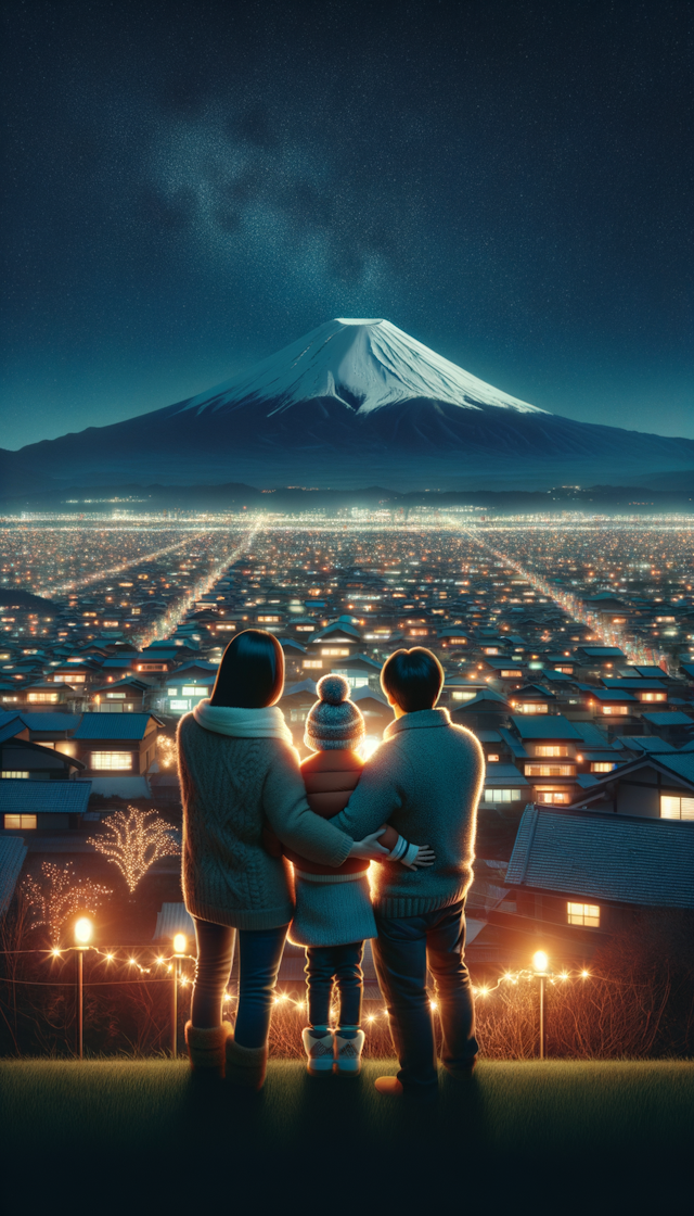 富士山下，新年这一天，万家灯火一个三口家庭孩子是男孩一起恭祝大家新年快乐