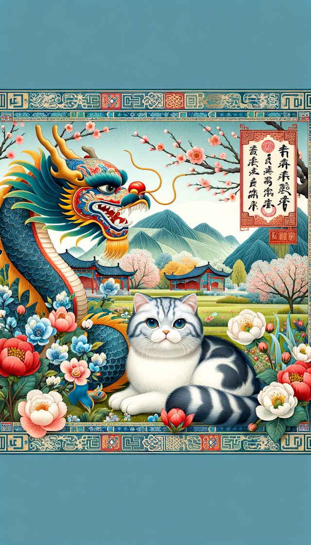 中国龙，英短蓝白猫，春天，春联