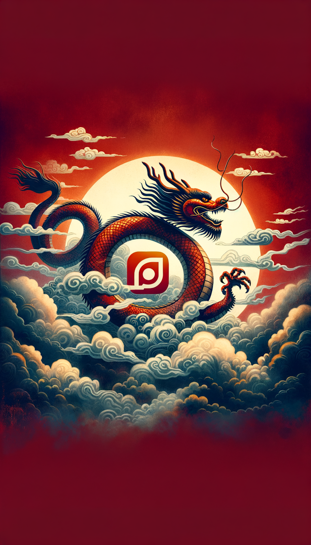 A traditional Chinese dragon, showing its upper body, with a colorful body like watercolors, flying through the clouds and fog,circling a Tencent Video’s logo, against a background of Chinese red