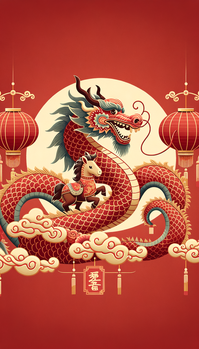龙年快乐，一匹小马骑在一条中国龙上，背景为红色调。