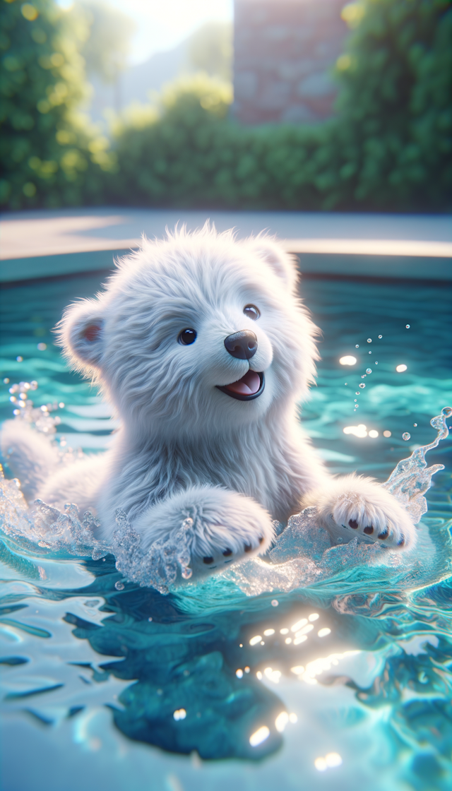 北极熊宝宝漂浮在水池中，嬉戏着水波，可爱蓬 松，白色皮毛，快乐的表情，可爱，电影般的镜头，皮克斯风格