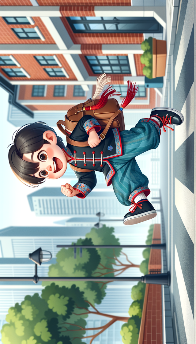 一个小朋友穿着国潮风的衣服，背着书包蹦蹦跳跳去上学