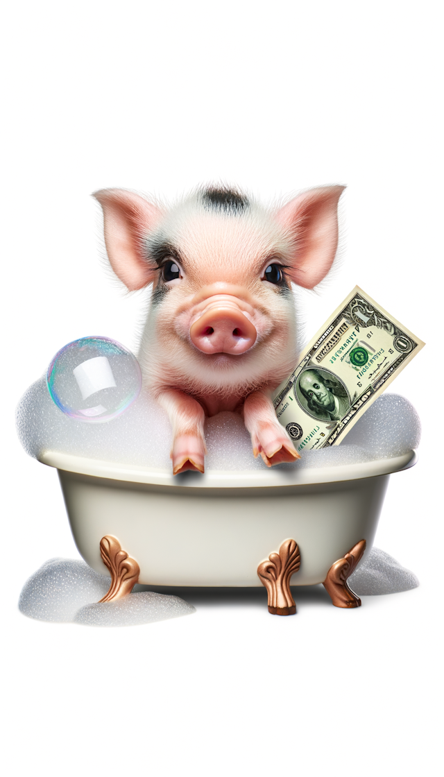 一个小猪在洗泡泡浴，手里拿着美元