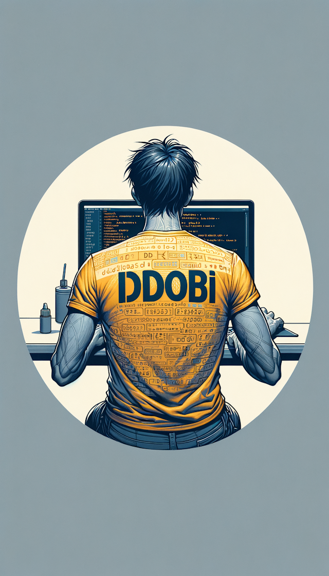 一个很厉害的程序员在写代码，衣服背面写着 idoubi