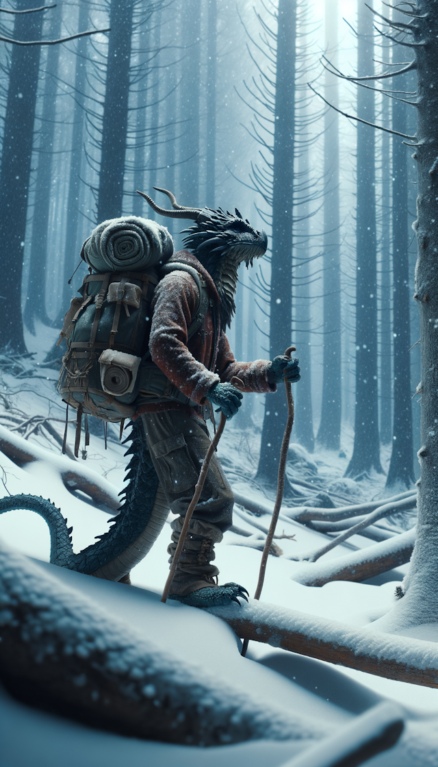 一只龙人正在雪山深林徒步，背着徒步背包，撑着登山杖