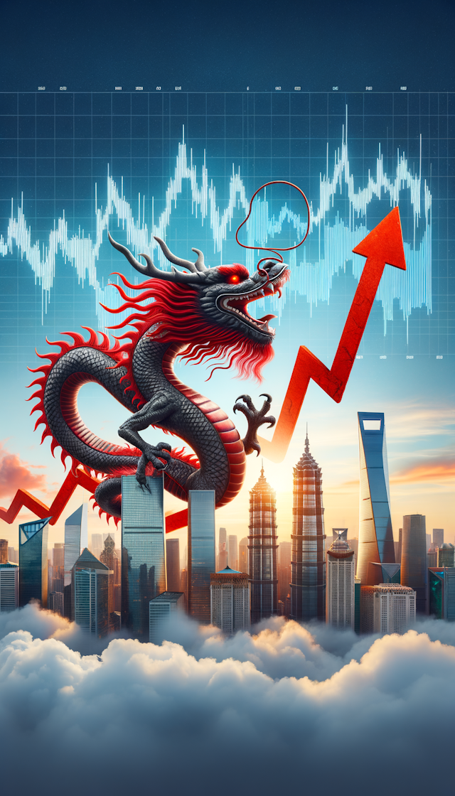 一条气势磅礴的中国龙盘旋在陆家嘴上方，天空的背景是上涨的股市，一片红色
