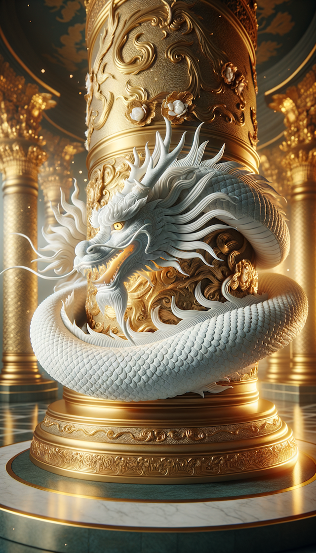一条白色的龙，盘绕在金色的柱子上