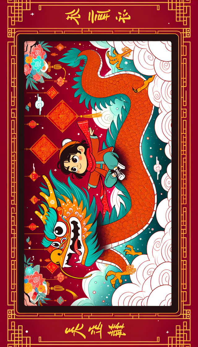 中国传统年画海报风格，卡通风格小女孩坐在中国传统造型的龙头上，冲上云霄，与龙为伴，和睦相处，一起共舞。中国传统节日氛围，喜气洋洋 ，传统中国红背景氛围，画面满屏幕
