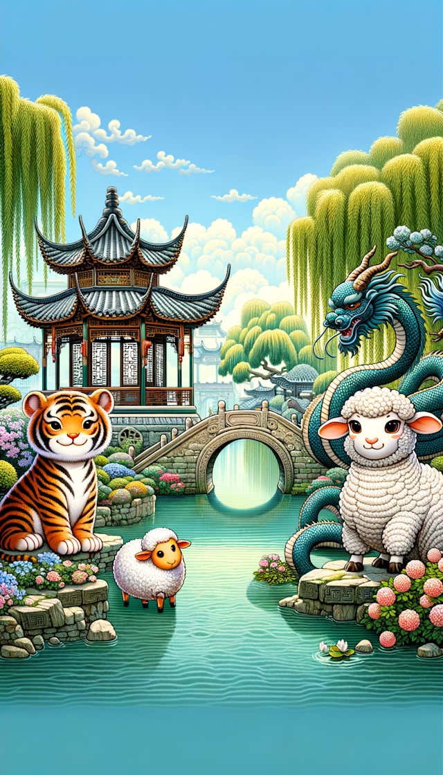 中国年画风格，左边一只老虎，右边一只羊，中间一条龙，动物都是可爱风格，背景是苏州园林