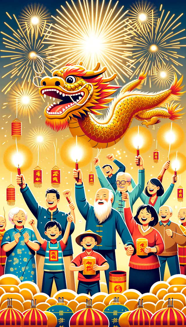 中国新年 男女老少放鞭炮 天空有一只金色的大龙 和一些小烟花