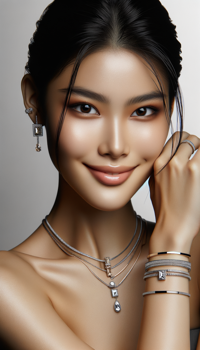 亚洲模特,佩戴珠宝,简洁的珠宝首饰，高清，高质量，年轻美丽
