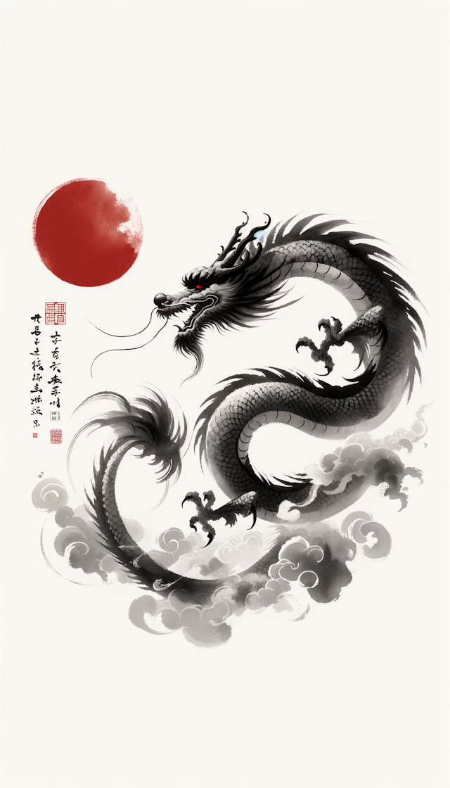 传统水墨画风格，在水墨画上一条红色中国龙在甩尾巴